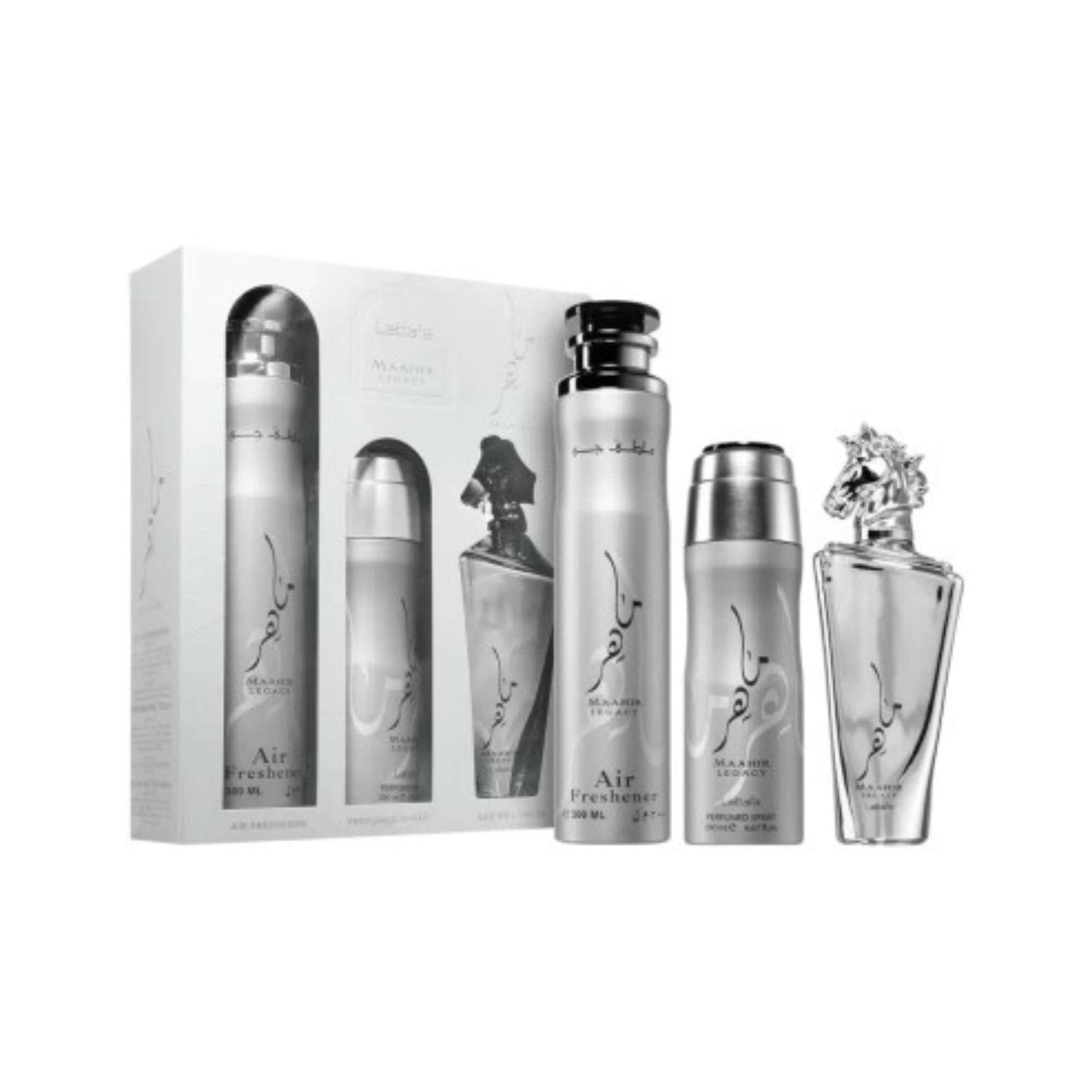SET LATTAFA MAAHIR LEGACY MEN ( 3 PC) 3.4 OZ EDP / 6.8 OZ PERFUME SPY / 1.7 OZ HAIRMIST